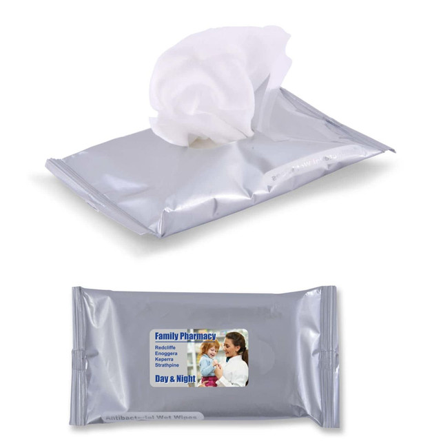A pack of silver antibacterial wet wipes with a white wipe partially out. It features a logo on the front. A pack of silver antibacterial wet wipes with a white wipe partially out. It features a logo on the front.