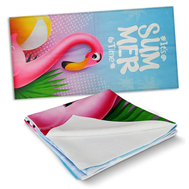 A full-colour beach towel featuring a pink flamingo and vibrant tropical elements. The towel has a soft, white underside. A full-colour beach towel featuring a pink flamingo and vibrant tropical elements. The towel has a soft, white underside.