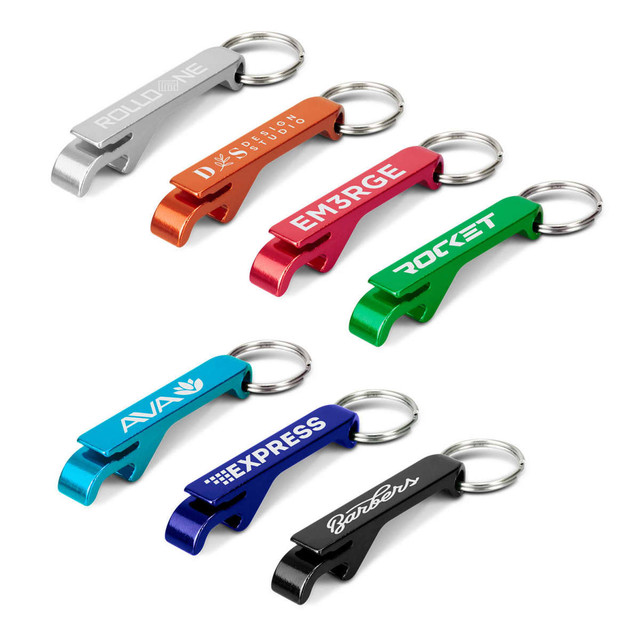 A drink bottle opener key ring collection featuring silver, orange, red, green, blue, and black designs with logos. A drink bottle opener key ring collection featuring silver, orange, red, green, blue, and black designs with logos.
