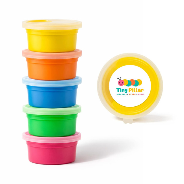 Stacked containers in vibrant colours—pink, orange, green, blue—and a yellow lid with a logo.