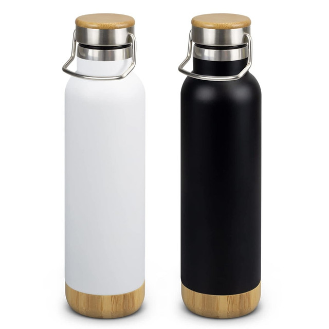 A drink bottle set featuring a white and a black vacuum bottle, both with bamboo lids and metal handles. A drink bottle set featuring a white and a black vacuum bottle, both with bamboo lids and metal handles.