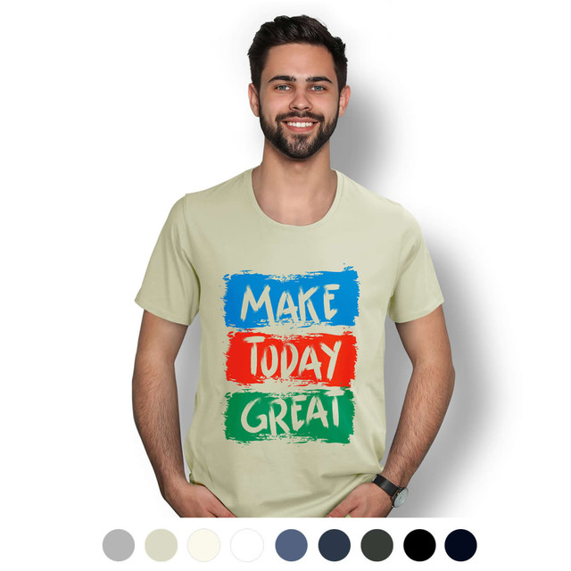 A light green men's T-shirt featuring a colourful front design and a logo.