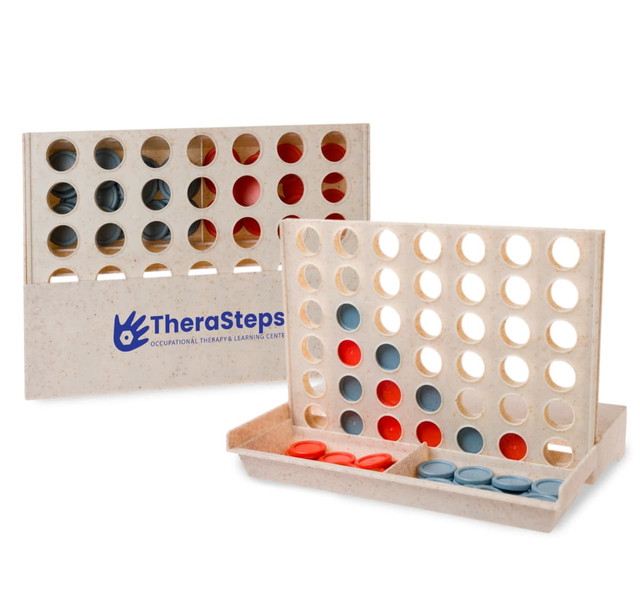 A two-sided Connect Four-style game featuring red, grey, and blue playing pieces, with a logo on the base. A two-sided Connect Four-style game featuring red, grey, and blue playing pieces, with a logo on the base.
