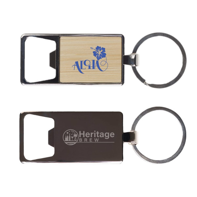 A drink bottle opener keyring featuring a bamboo front and a metal back, with logos on both sides. A drink bottle opener keyring featuring a bamboo front and a metal back, with logos on both sides.