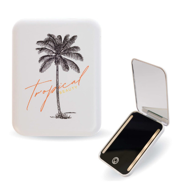 A white LED compact mirror featuring a palm tree design and a reflective interior. It has a logo on the back. A white LED compact mirror featuring a palm tree design and a reflective interior. It has a logo on the back.