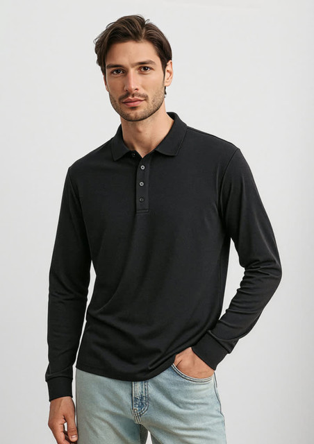 A black long sleeve polo shirt for men, featuring a button-up placket and a logo. Casual and stylish design.