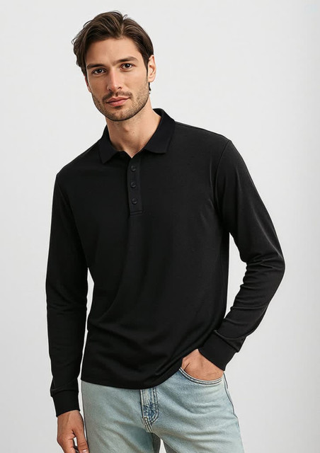 A black long sleeve polo shirt featuring a collar and button placket, modelled by a man.