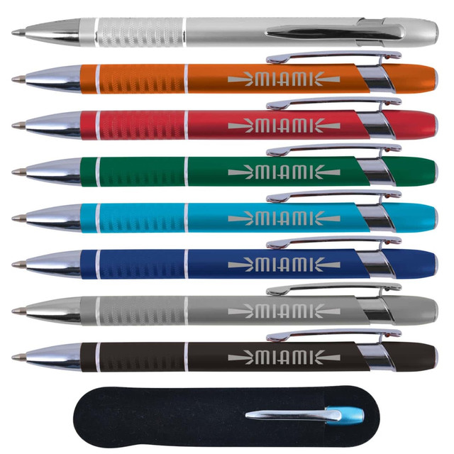 A collection of Miami Aluminium Pens in various colours including red, blue, green, and silver, presented with a black case. A collection of Miami Aluminium Pens in various colours including red, blue, green, and silver, presented with a black case.
