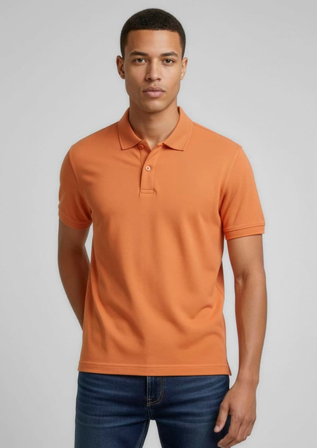 A men’s polo shirt in vibrant orange, featuring a collar and short sleeves, with a logo on the chest.