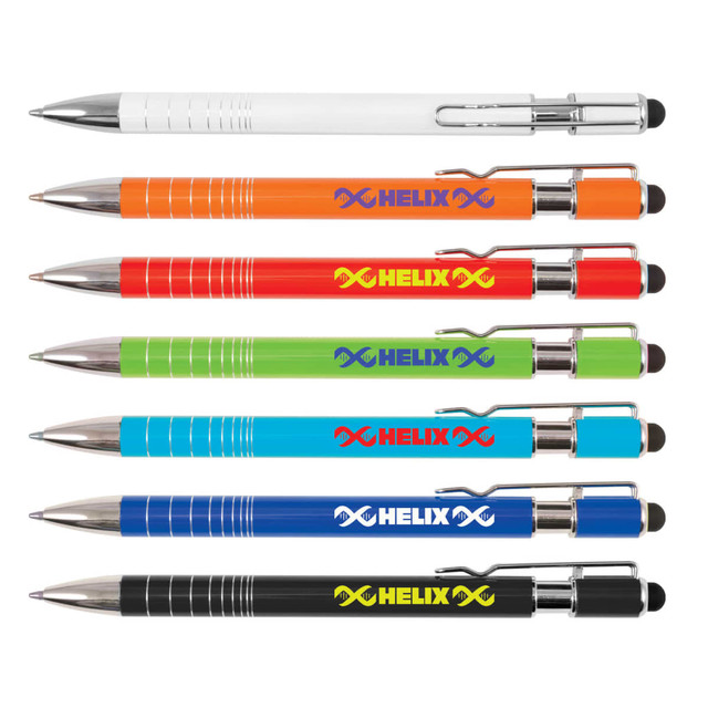 A collection of seven stylus pens in white, orange, green, blue, black, and red with metallic finishes and branding. A collection of seven stylus pens in white, orange, green, blue, black, and red with metallic finishes and branding.