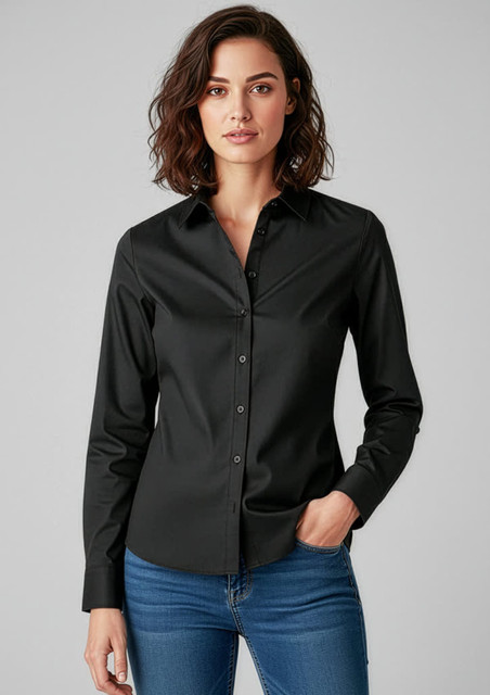 A fitted women's long sleeve button-up shirt in black, featuring a collar and front buttons.