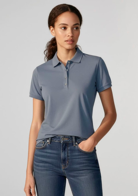 A women's short sleeve polo shirt in a soft grey colour, featuring a collar and three-button placket.