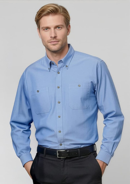 A light blue chambray long sleeve button-up shirt with two chest pockets and a branding logo.