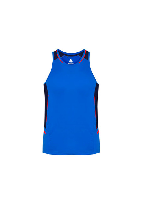 A blue men's singlet with red and black side panels, featuring a branded logo. A blue men's singlet with red and black side panels, featuring a branded logo.