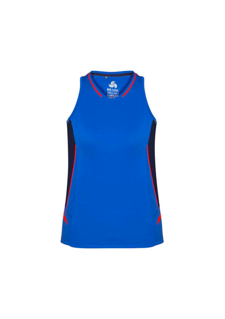A blue women's singlet with black and red accents, featuring a logo on the front.