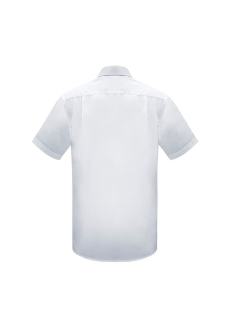 A white short sleeve button-up shirt, featuring a collar and a back view design. Includes a brand logo. A white short sleeve button-up shirt, featuring a collar and a back view design. Includes a brand logo.