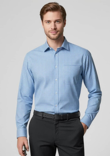 A long-sleeve button-up shirt in blue with a checkered pattern, featuring a collar and a logo.
