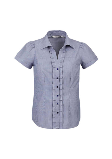 A short sleeve button-up shirt in blue and white stripes, featuring a ruffled front and a logo.