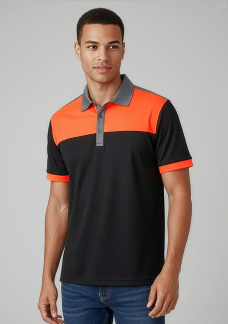 A men's short sleeve polo in black and bright orange, featuring a grey collar and a logo on the chest.
