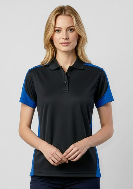A women's polo shirt in black with blue accents. It features short sleeves and a collar, with a logo on it.