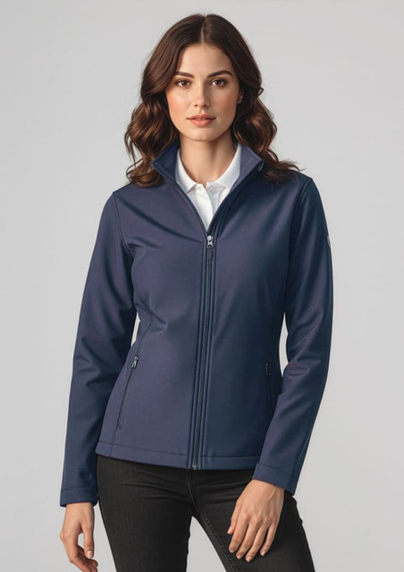A navy women's soft shell jacket featuring a zip front and a stand collar, shown on a model against a neutral background.
