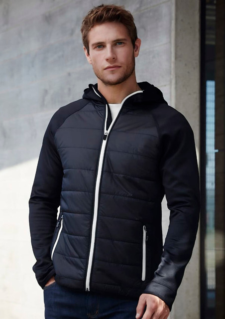 A black soft shell jacket with a hood and zippered pockets, featuring a distinct padded design.