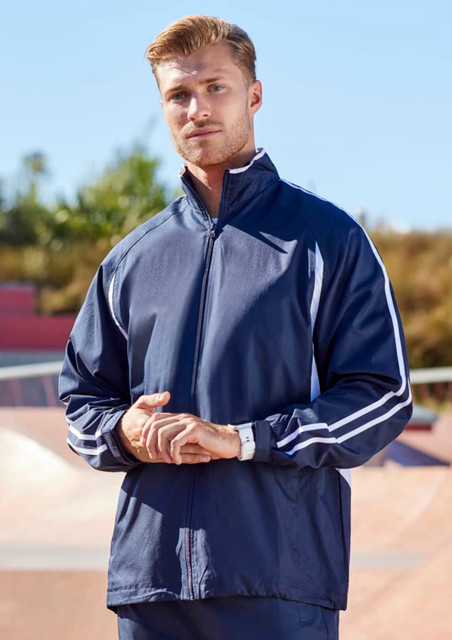 A navy unisex flash jacket with white stripes and a zip front, featuring a logo on the chest. A navy unisex flash jacket with white stripes and a zip front, featuring a logo on the chest.
