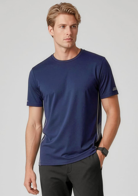 A navy blue men's short sleeve tee featuring a logo and a sleek, modern design.