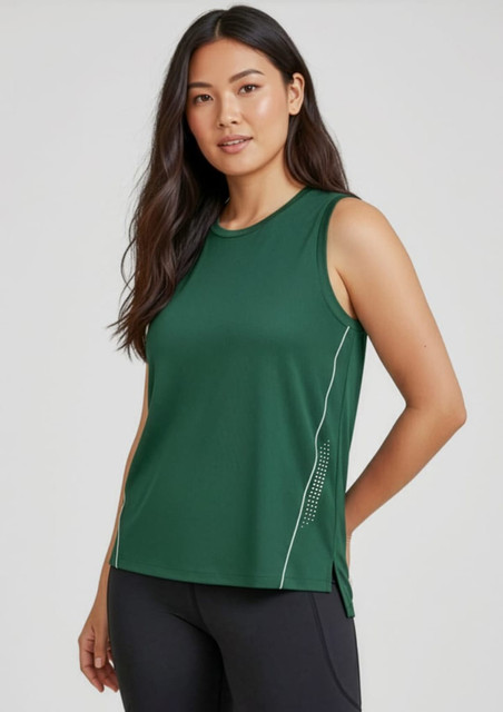 A green women's singlet with a relaxed fit, featuring side details and a brand logo.