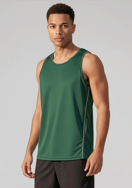 A green men's singlet with a lightweight design, featuring a logo and contrasting side panel detailing.