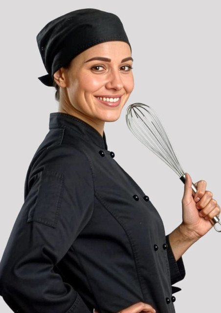 A smiling person in a black chef's outfit and black bandana holding a whisk, standing against a light background.
