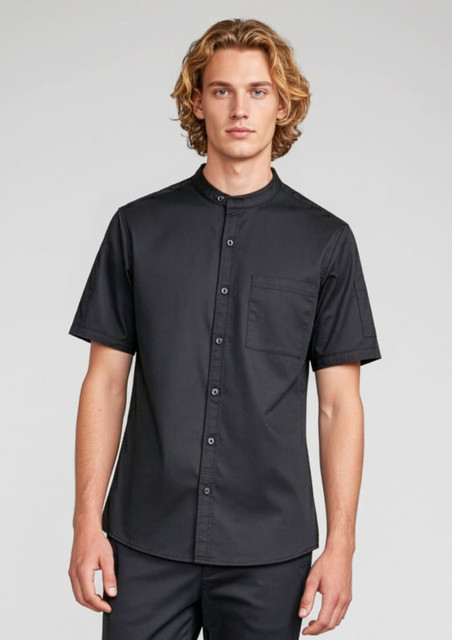 A short-sleeve chef shirt in black featuring a button-up design and a chest pocket, adorned with a branding logo.