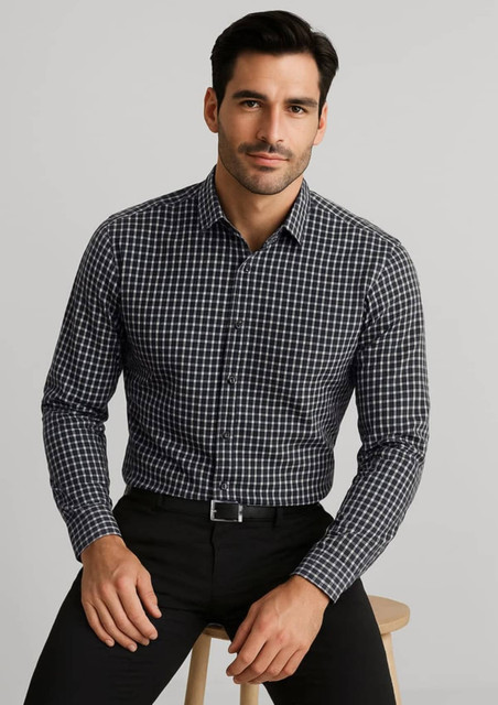 A black and white check patterned long sleeve button-up shirt with a collar and a branded logo.