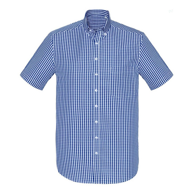 A short-sleeve button-up shirt featuring a blue and white check pattern, with a collar and front buttons.