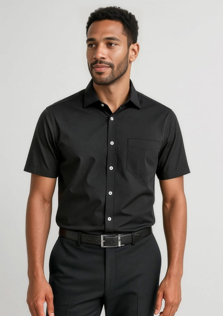 A short sleeve black button-up shirt with a single chest pocket, worn by a man, styled with dress trousers.