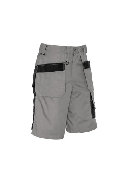A grey pair of multi-pocket shorts with black accents, featuring various pockets and a logo.