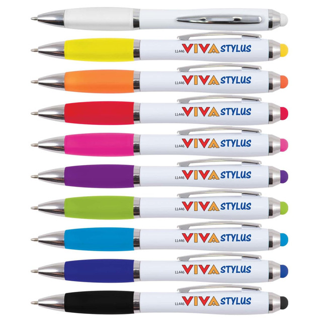 A collection of white stylus pens in various colours: yellow, pink, orange, purple, green, and blue, featuring a logo. A collection of white stylus pens in various colours: yellow, pink, orange, purple, green, and blue, featuring a logo.