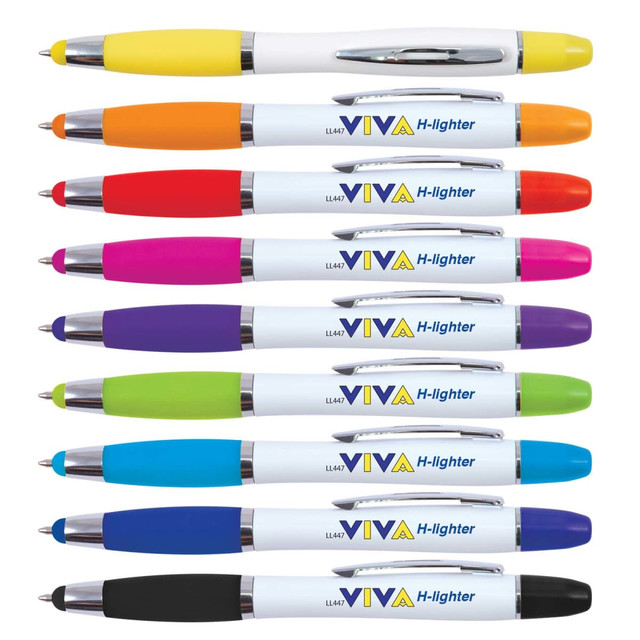 A collection of stylus pens and highlighters in various colours, featuring a branding logo. A collection of stylus pens and highlighters in various colours, featuring a branding logo.