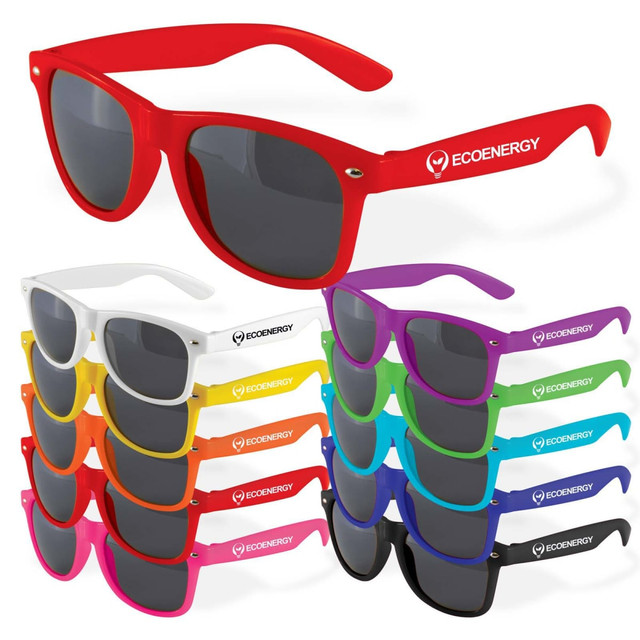 A collection of colourful sunglasses in red, white, purple, blue, green, orange, and pink, featuring a logo. A collection of colourful sunglasses in red, white, purple, blue, green, orange, and pink, featuring a logo.