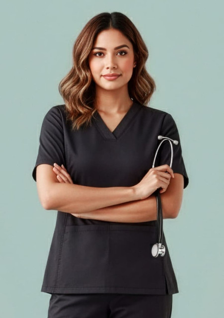 A woman wearing a black scrub top with a V-neck and a stethoscope, posed against a light green background.
