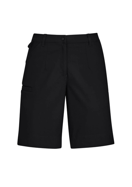 A pair of women's cargo shorts in black, featuring multiple pockets and a comfort waist design. A pair of women's cargo shorts in black, featuring multiple pockets and a comfort waist design.