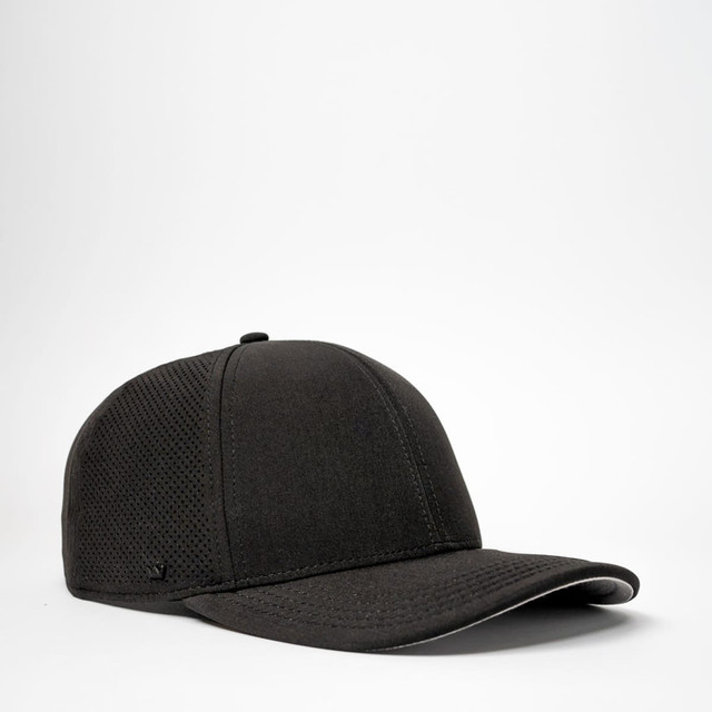 A black sports cap with a perforated design and a curved brim. Features a logo on the side.