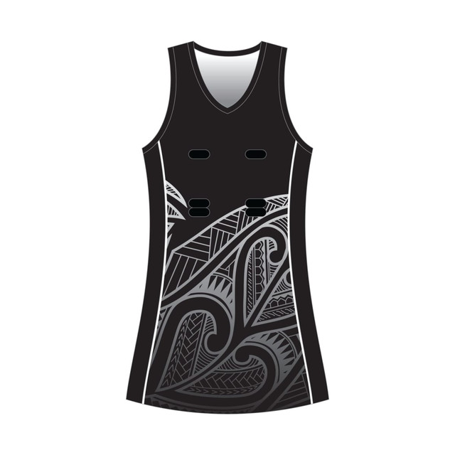 A sleeveless netball dress in black featuring a patterned design and a logo. Suitable for sports uniforms. A sleeveless netball dress in black featuring a patterned design and a logo. Suitable for sports uniforms.