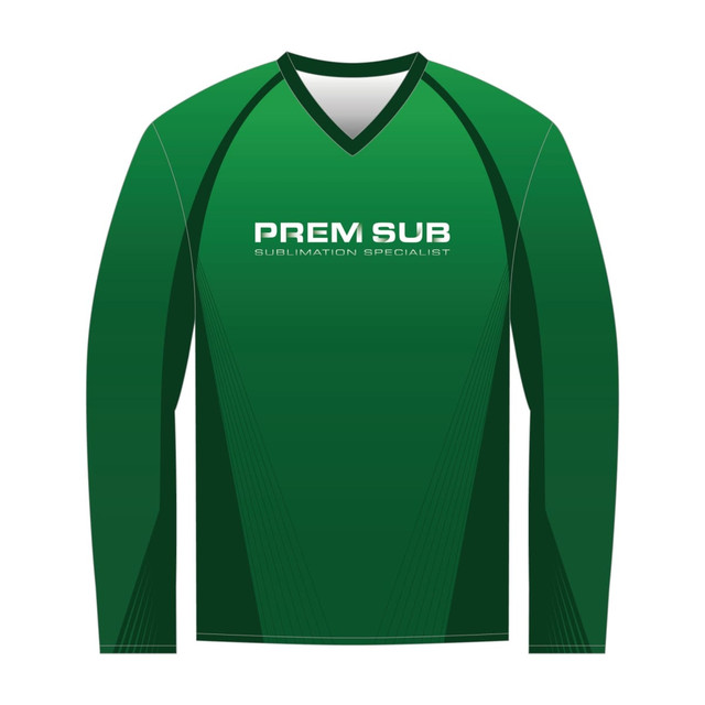 A long sleeve green T-shirt with a V-neck design, featuring a logo on the front. A long sleeve green T-shirt with a V-neck design, featuring a logo on the front.