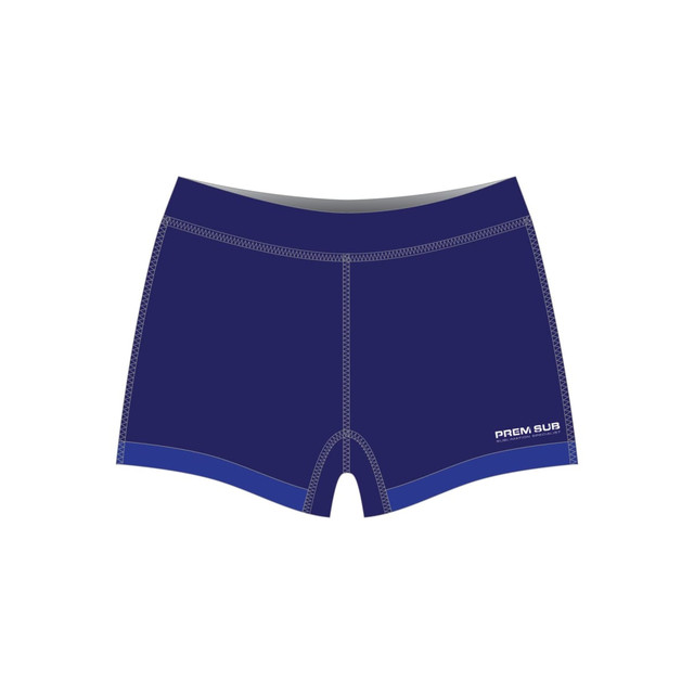 Navy blue volleyball shorts with contrasting blue trim and a logo on the side. Navy blue volleyball shorts with contrasting blue trim and a logo on the side.