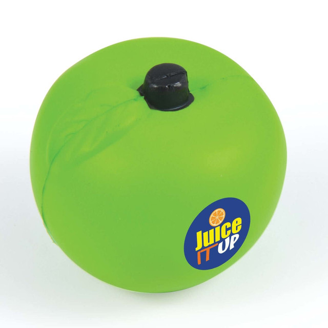 A green apple-shaped stress reliever with a black stem and a logo on the side. A green apple-shaped stress reliever with a black stem and a logo on the side.
