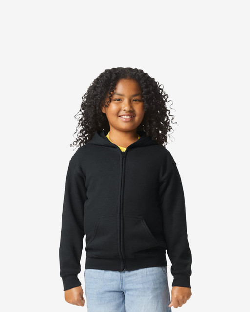 A black youth full zip hooded sweatshirt with a front pocket, featuring a logo on the sleeve.