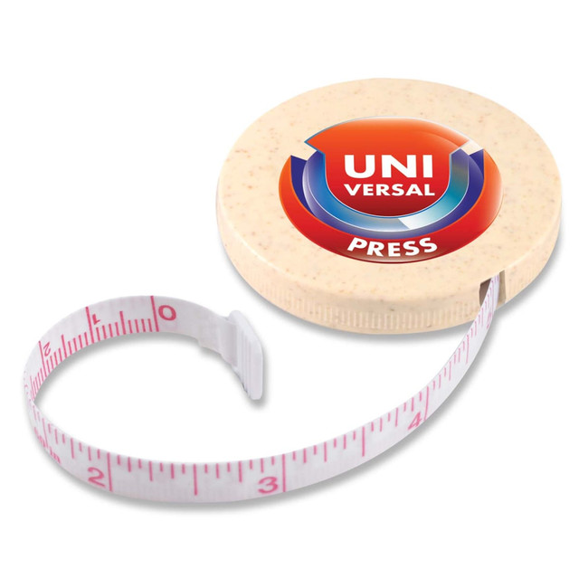 A tape measure with a cream-coloured casing and a retractable pink measuring tape, featuring a logo on the top. A tape measure with a cream-coloured casing and a retractable pink measuring tape, featuring a logo on the top.