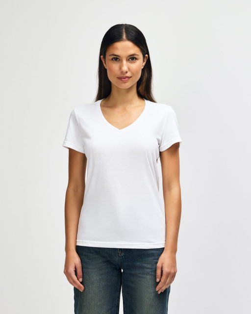 A white ladies' V-neck t-shirt displayed on a model, featuring short sleeves and a fitted design.
