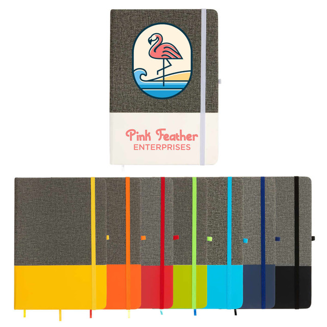 A textured A5 notebook in multiple colours, featuring a logo and an elastic closure. A textured A5 notebook in multiple colours, featuring a logo and an elastic closure.